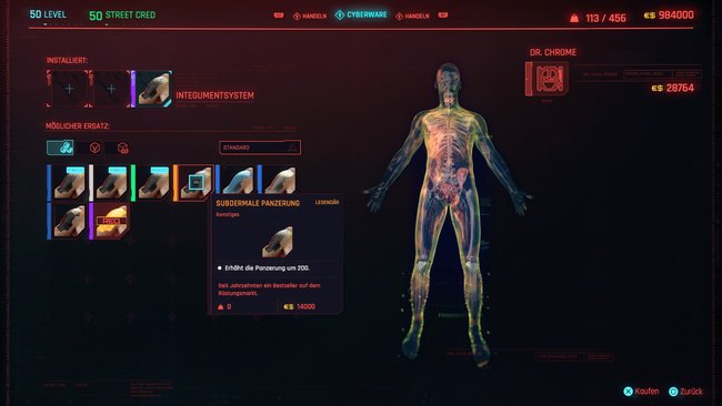 Legendäre Cyberware "Subdermale Panzerung" in Cyberpunk 2077.