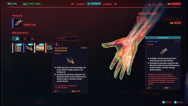 Legendäre Cyberware "Ballistischer Coprozessor" in Cyberpunk 2077.