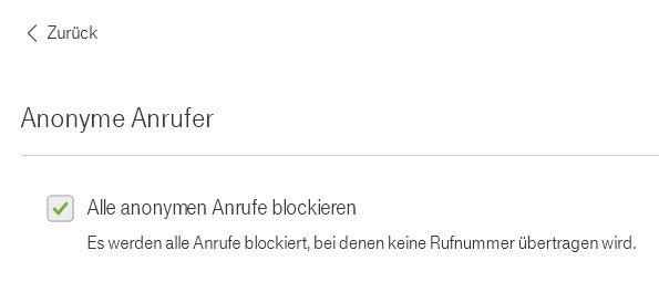 Screenshot aus dem Telefoniecenter der Telekom: Anonyme Anrufer werden abgewiesen