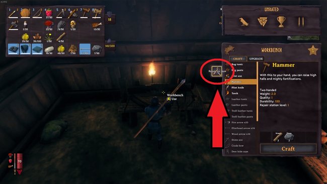 Durch Klicken auf das Hammersymbol könnt ihr eure Waffen in Valheim reparieren.