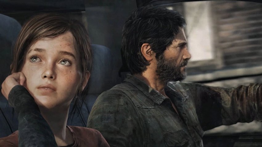 Ellie und Joel aus The Last of Us sitzen im Auto. Ellie blickt aus dem Fenster.