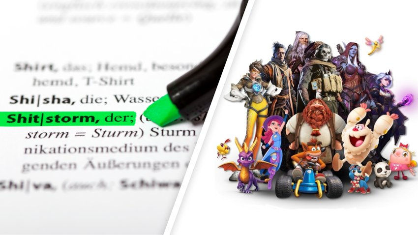 Mehrere Charaktere aus beliebten Spielen von Activision Blizzard neben einer Definition des Wortes „Shitstorm“.