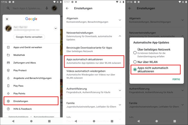 Hier deaktiviert ihr die automatischen App-Updates. Bild: GIGA