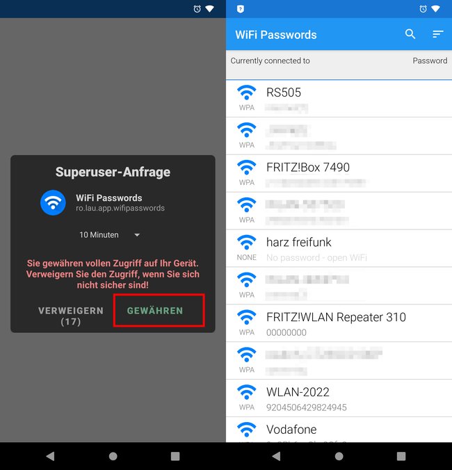Die App zeigt die Passwörter bisheriger WLAN-Netzverkverbindungen an. Bild: GIGA