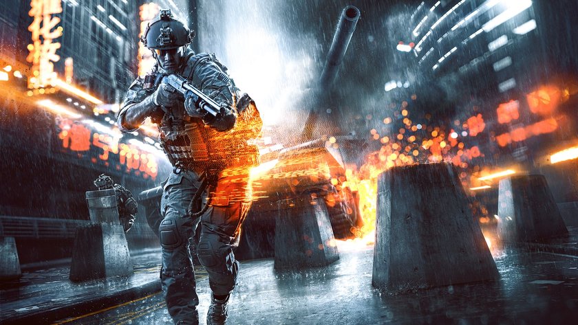 Artwork von Battlefield 4 mit einer Soldaten im Vordergrund und einem Panzer im Hintergrund.