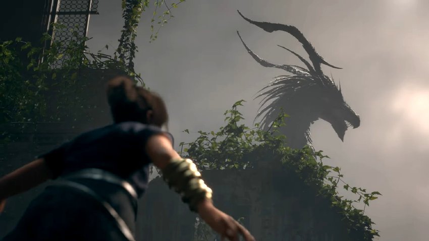 Die Protagonistin vom PS5 und PC-Spiel Forspoken erblickt einem riesigen Drachen in der Ferne