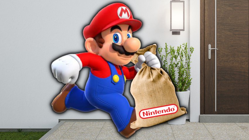 Super Mario rennt mit einem Sack voller Nintendo-Spiele zur Tür.