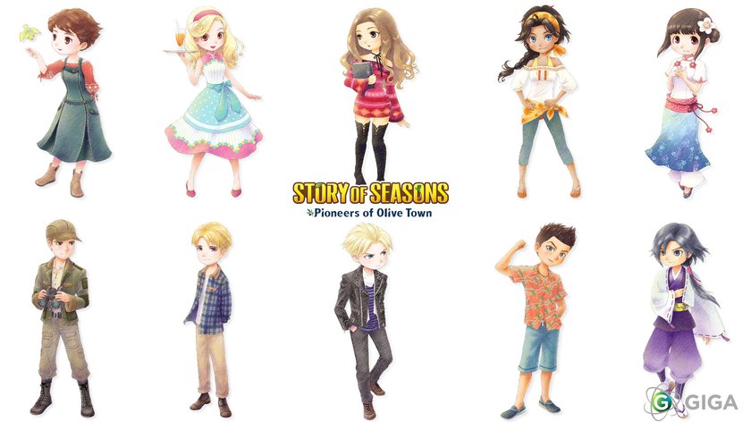 Alle Heiratskandidaten und Heiratskandidatinnen von Story of Seasons: Pioneers of Olive Town - Damon, Emilio, Iori, Ralph, Jack, Bridget, Reina, Linh, Blaire und Laura.