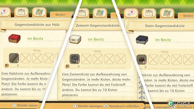 Die drei einfachsten Arten von Gegenstandskisten bei Story of Seasons: Pioneers of Olive Town - Holz, Stein und Zement.