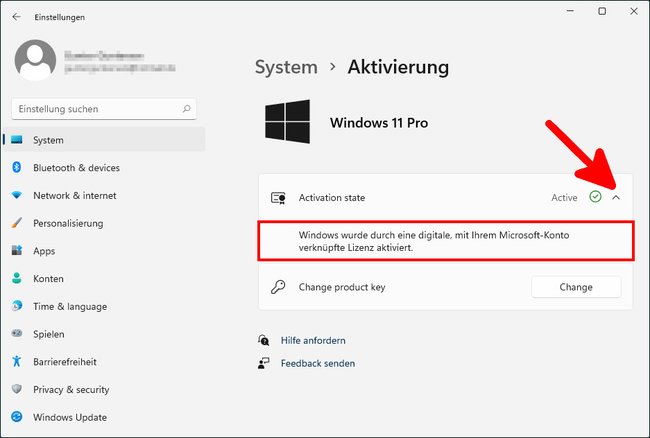 Dieses Windows 11 wurde durch ein Upgrade eines bereits aktivierten Windows 10 aktiviert. Bild: GIGA