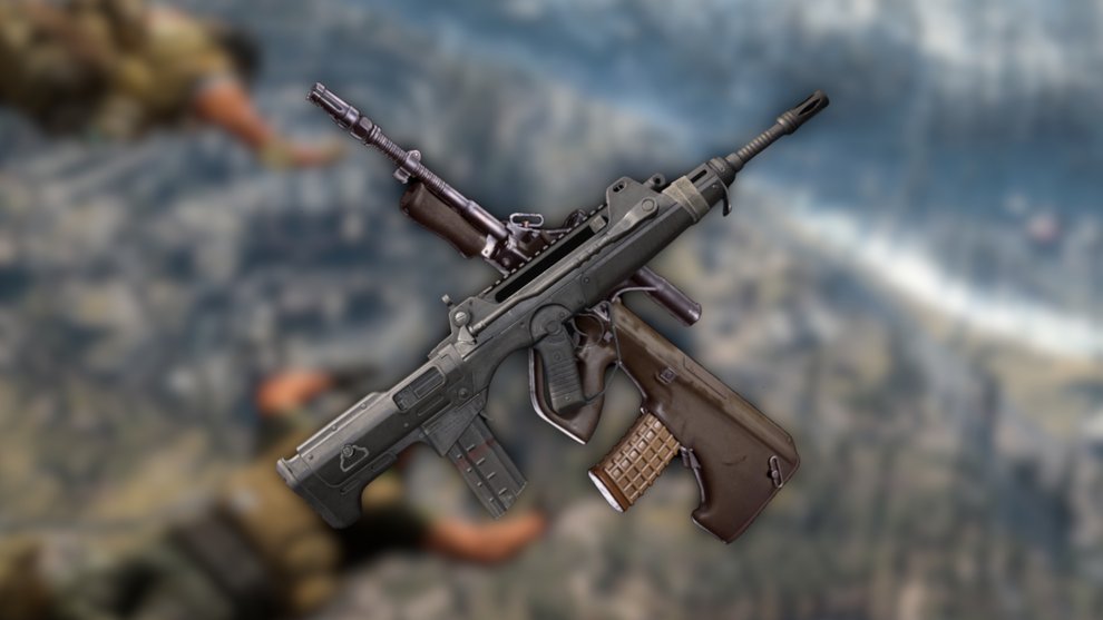 Call of Duty: Warzone FFAR 1 and Aug weapons.  In the background, two soldiers jump over Verdansk.