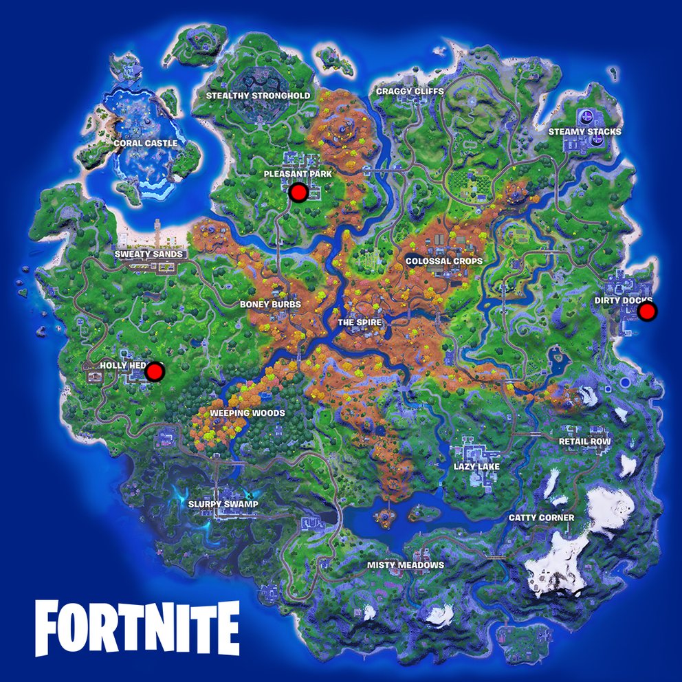 Ihr findet die drei Fußballcharaktere von Fortnite in Pleasant Park, Holly Hedges und Dirty Docks. Fortnite Fußballcharaktere Fundorte