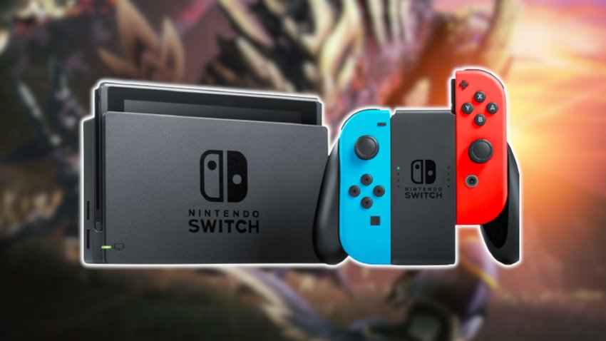 Eine Nintendo Switch befindet sich vor einem Bild aus Monster Hunter Rise.