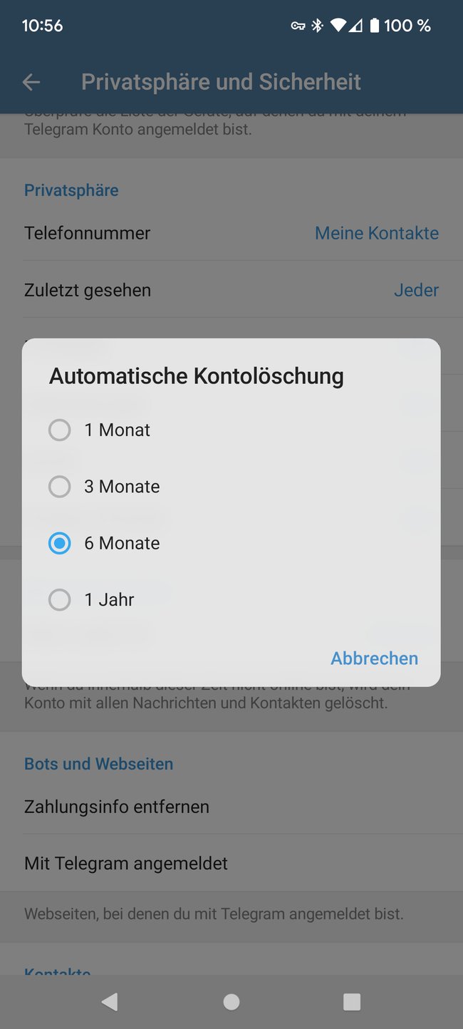 Screenshot aus der Telegram-App: In den Einstellungen kann man angeben, nach welcher Zeit der Inaktivität das Konto automatisch gelöscht werden soll.