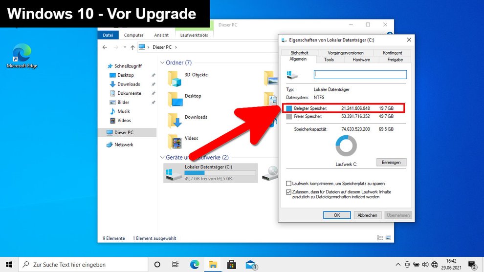 Windows 10 belegt vor dem Upgrade auf Windows 11 knapp 20 GB. Bild: GIGA