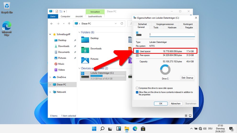 Neuinstallation: Windows 11 nimmt weniger als 18 GB Speicherplatz ein. Bild: GIGA