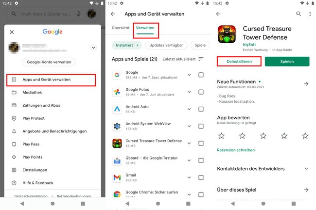 Play Store: So löscht ihr einzelne Apps. Bild: GIGA