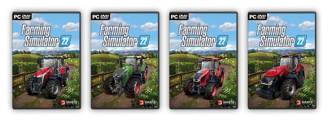 Die unterschiedlichen Cover des LS 22. In Deutschland ziert der Fendt 900 Vario (2. von links) die Spielverpackung.