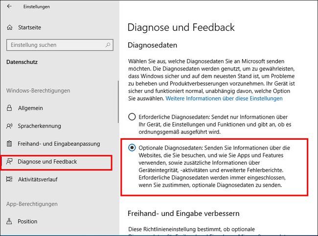 Hier aktiviert ihr die optionalen Diagnosedaten. Bildquelle: GIGA