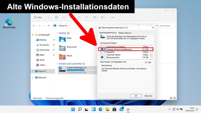 Die Datenträgerbereinigung zeigt die Größe der Windows-10-Sicherung an. Bild: GIGA