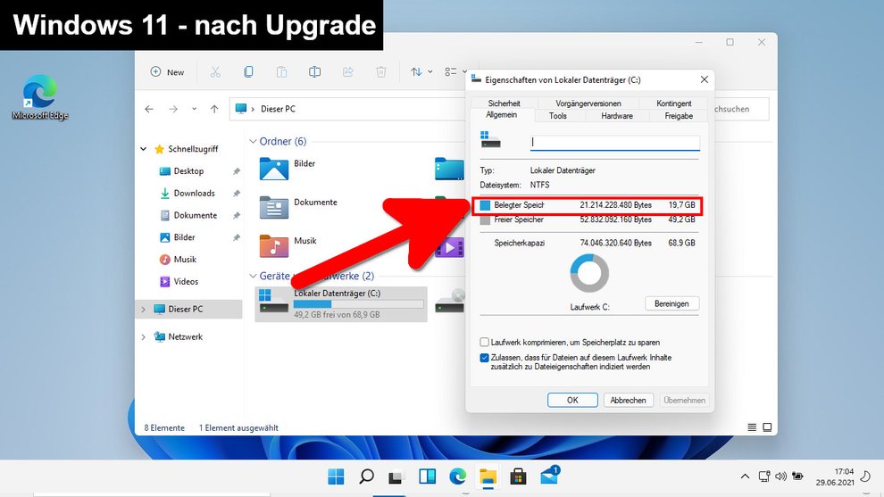 Windows 11 belegt nach dem Upgrade genauso viel Speicherplatz wie vorher, allerdings erst nach der Datenträgerbereinigung. Bild: GIGA