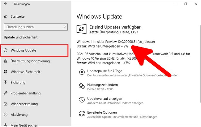 Die Vorschau-Version von Windows 11 wird heruntergeladen. Bildquelle: GIGA