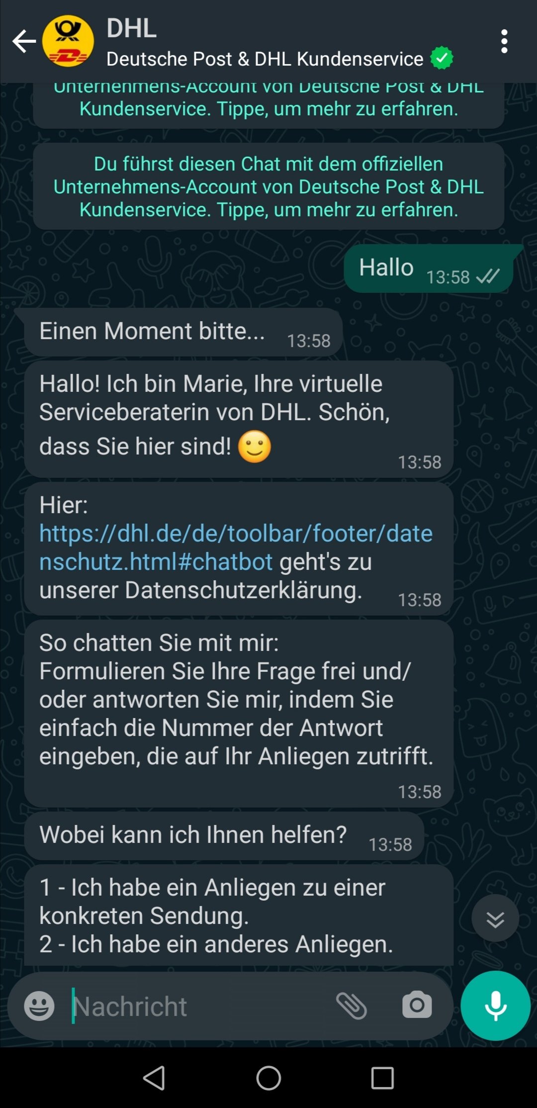 Короткий тест показывает: в поддержке DHL через WhatsApp часть работы выполняет чат-бот.