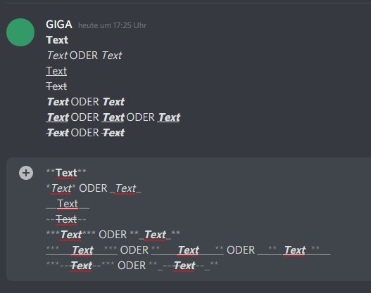 Пример отформатированного текста в Discord: жирный, курсив, подчеркнутый, зачеркнутый, жирный и курсив, жирный и подчеркнутый, жирный и зачеркнутый.