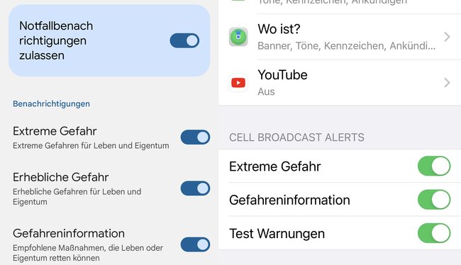 Screenshot der Cell-Broadcast-Einstellungen in Android und iPhone