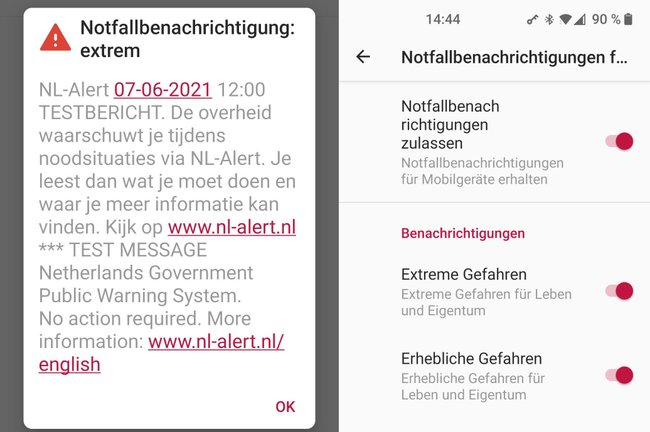 Screenshot einer niederländischen Cell-Broadcast-Meldung