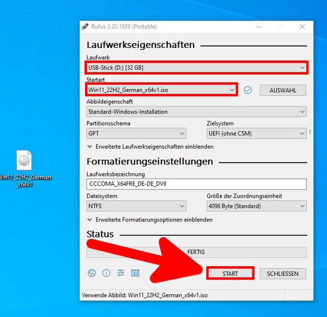 Wählt oben das USB-Laufwerk und darunter die Windows-11-ISO-Datei aus. (Bildquelle: GIGA)