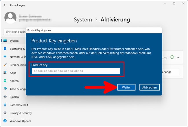 Hier gebt ihr euren Product-Key ein. Bild: GIGA