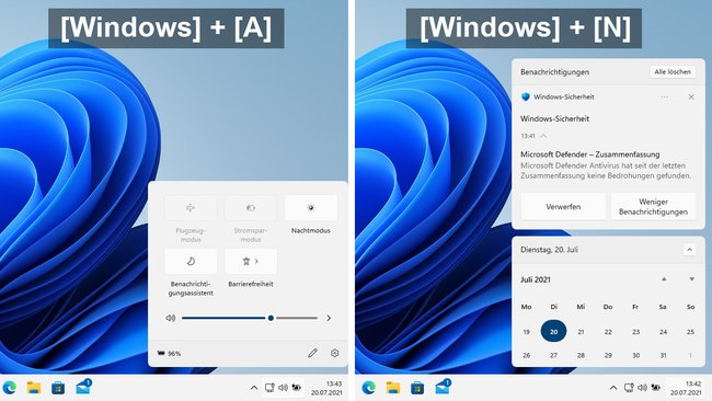 Die Schnelleinstellungen und Benachrichtigungen ruft ihr in Windows 11 mit zwei unterschiedlichen Tastenkombinationen auf. Bild: GIGA