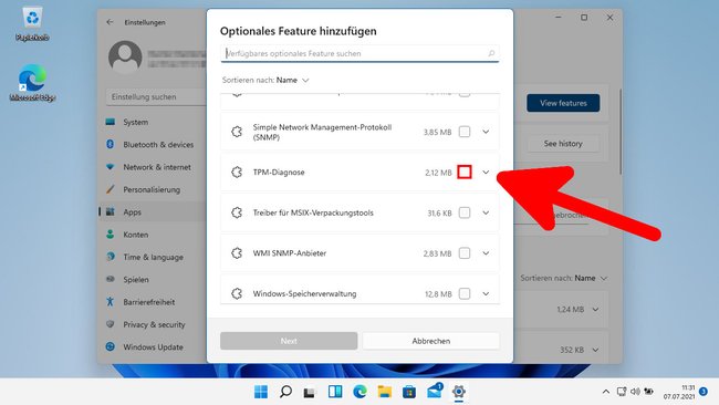 Hier lässt sich die TPM-Diagnose in Windows 11 installieren. Bild: GIGA