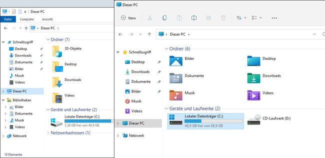 Der Datei-Manager von Windows 11 hat eine neue Symbolleiste (rechts). Bild: GIGA