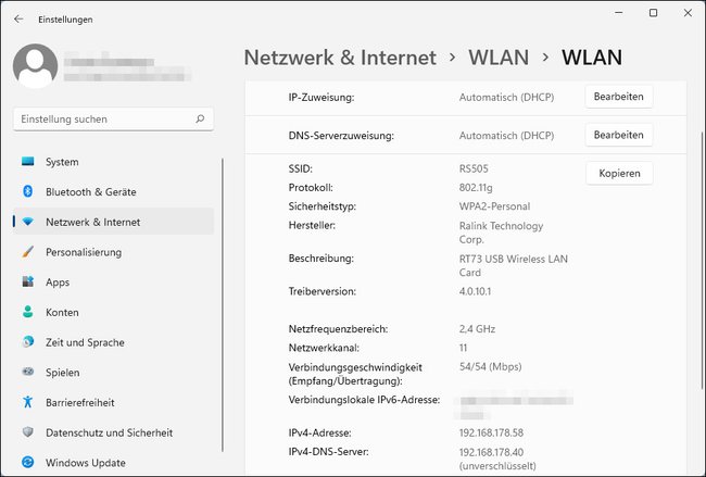 Hier seht ihr alle wichtigen Einstellungen und Daten zur eurem WLAN-Adapter. Bild: GIGA