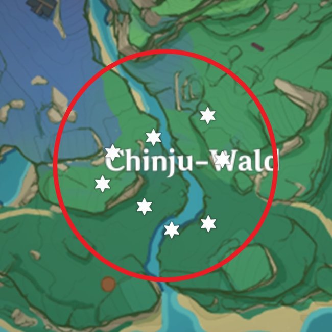 Fundorte aller Eisenmünzen im Chinju-Wald (Genshin Impact).