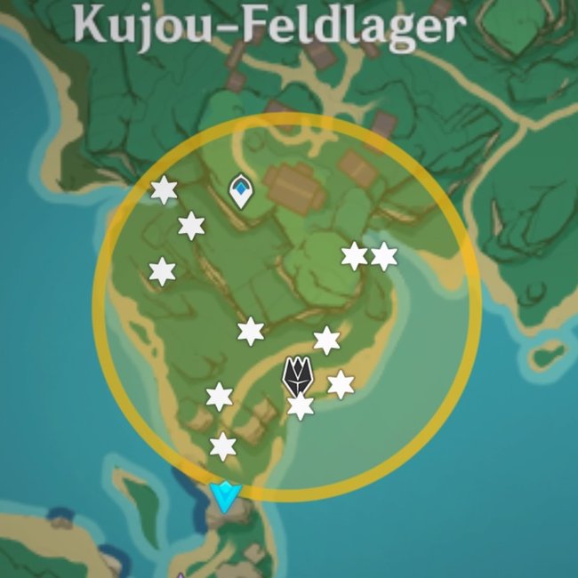 Fundorte aller Eisenmünzen südlich vom Kujou-Feldlager (Genshin Impact).