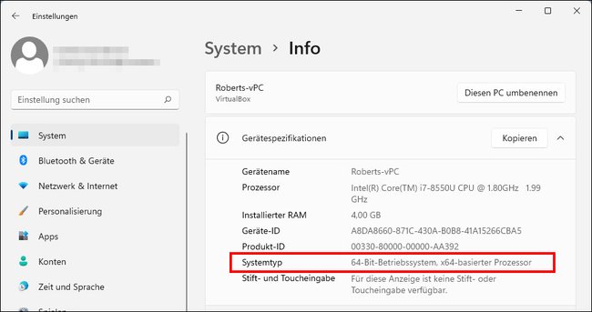 Windows 11 zeigt an, dass hier eine 64-Bit-CPU arbeitet. Bild: GIGA