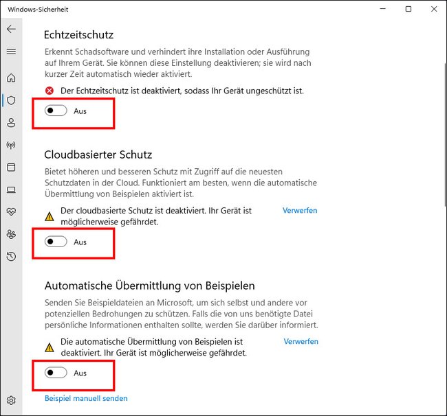 Hier deaktiviert ihr alle Funktionen des „WIndows Defender“. Bild: GIGA