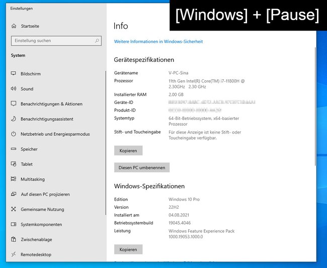 Die Tastenkombination [Windows] + [Pause] zeigt die wichtigsten Hardware- und Betriebssystem-Informationen an. (Bildquelle: GIGA)