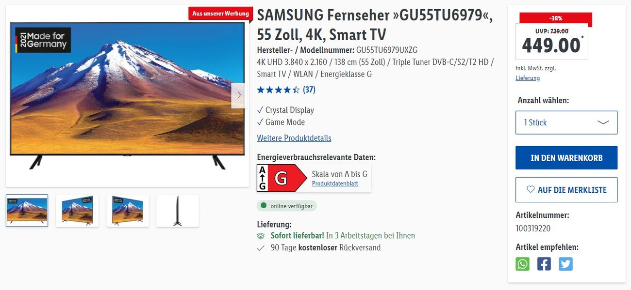 Lidl verkauft SamsungFernseher mit 55 Zoll zum Schnäppchenpreis
