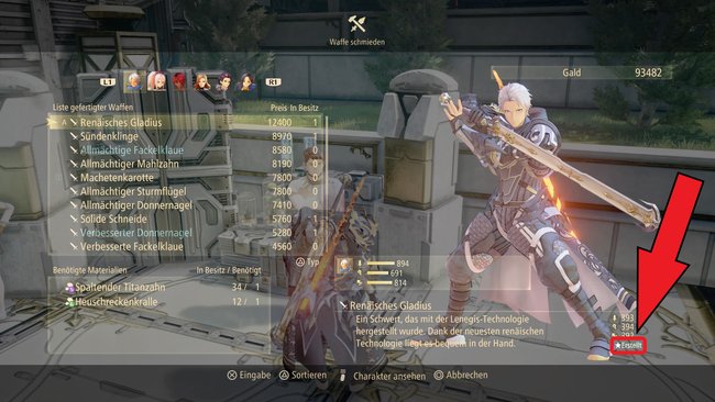 Achtet auf die "Erstellt"-Kennzeichnung bei bereits hergestellten Waffen (Tales of Arise).