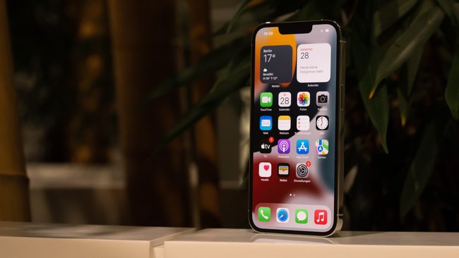 Ein iPhone 13 steht senkrecht auf einem Tresen. Auf dem Display sieht man verschiedene Apps und im Hintergrund ist eine Pflanze.