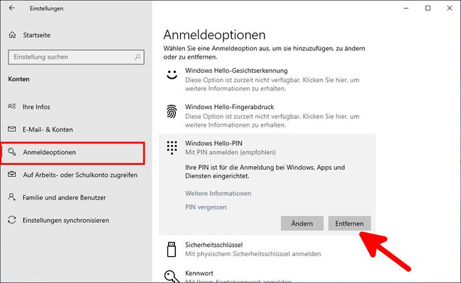 Klickt hier, um den PIN aus Windows 10 zu entfernen. Bild: GIGA