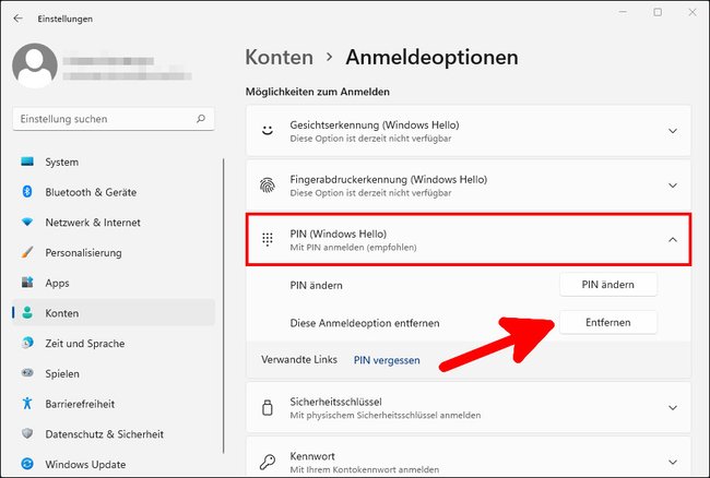 Hier entfernt ihr den PIN aus Windows 11. Bild: GIGA