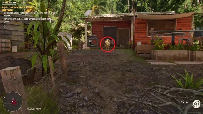Interagiert mit dem Hund vor der Finca Flores (Far Cry 6).
