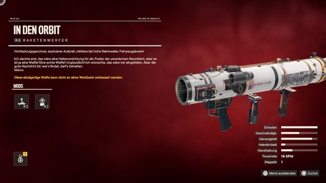 Als Belohnung erhaltet ihr den einzigartigen Raketenwerfer "In den Orbit" (Far Cry 6).