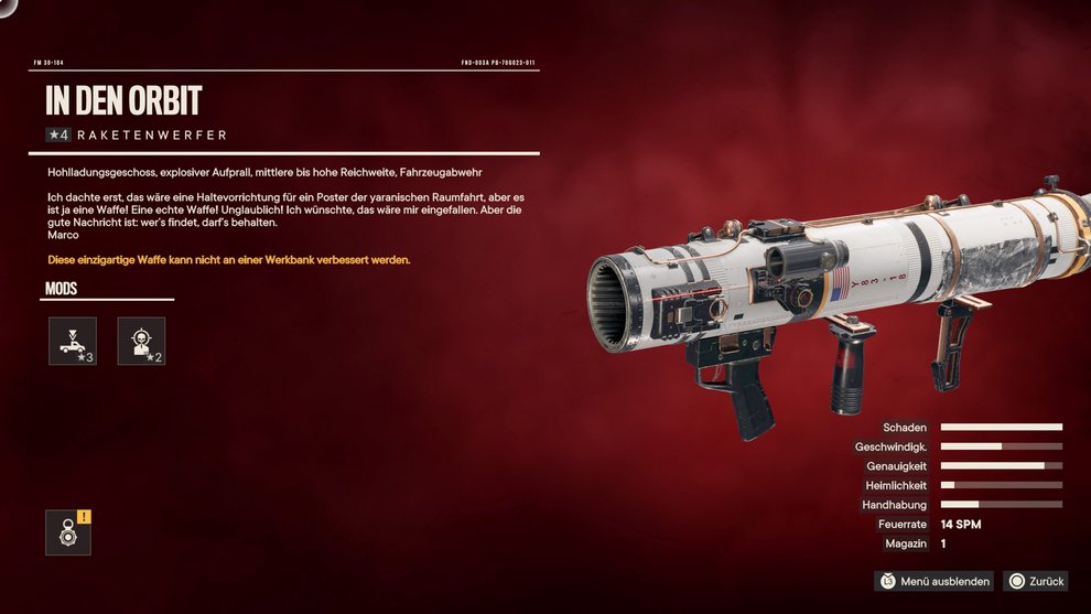 As a reward you will receive the unique rocket launcher "In orbit" (Far Cry 6).