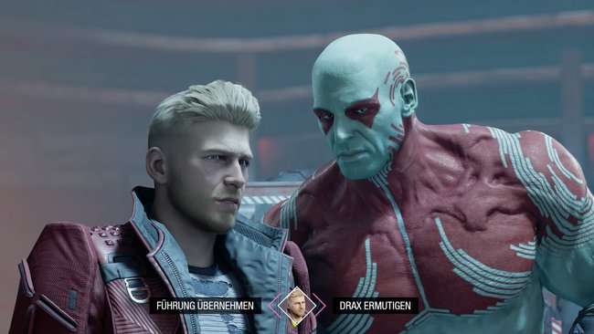 Drax kann mit Lady Hellbender flirten und so den Verkaufspreis steigern (Marvel's Guardians of the Galaxy).